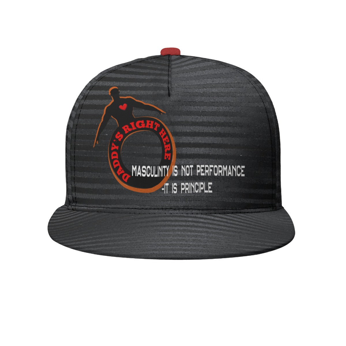 Black cap with text and logo on a white background