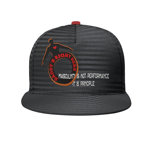 Black cap with text and logo on a white background