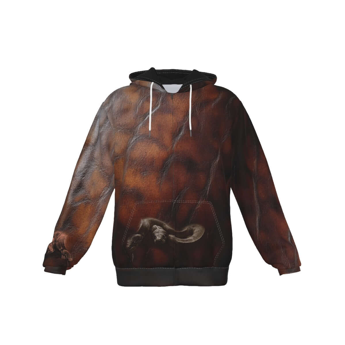 Brown Zip Up Hoodie Leather Textured Print Snake Images Print 