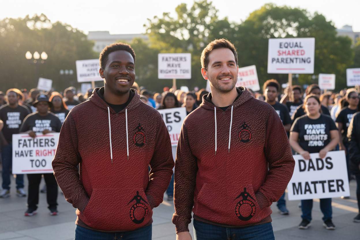 Two men wearing red hoodies with visible logos stand in front of a crowd holding signs at a protest.