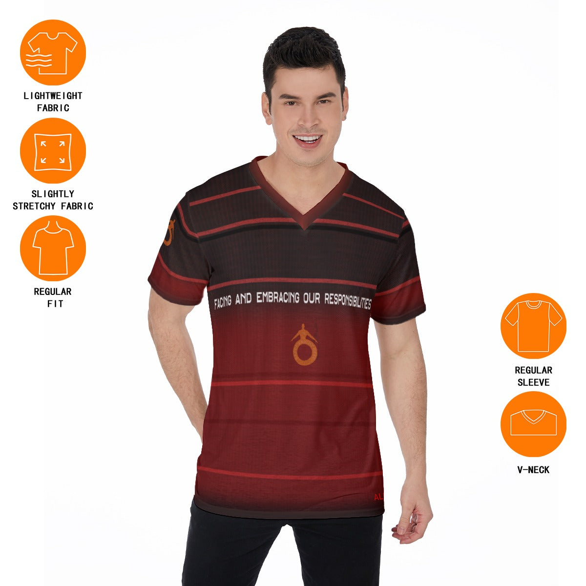 Man wearing a maroon and black striped shirt with text, surrounded by fabric feature icons on a white background.