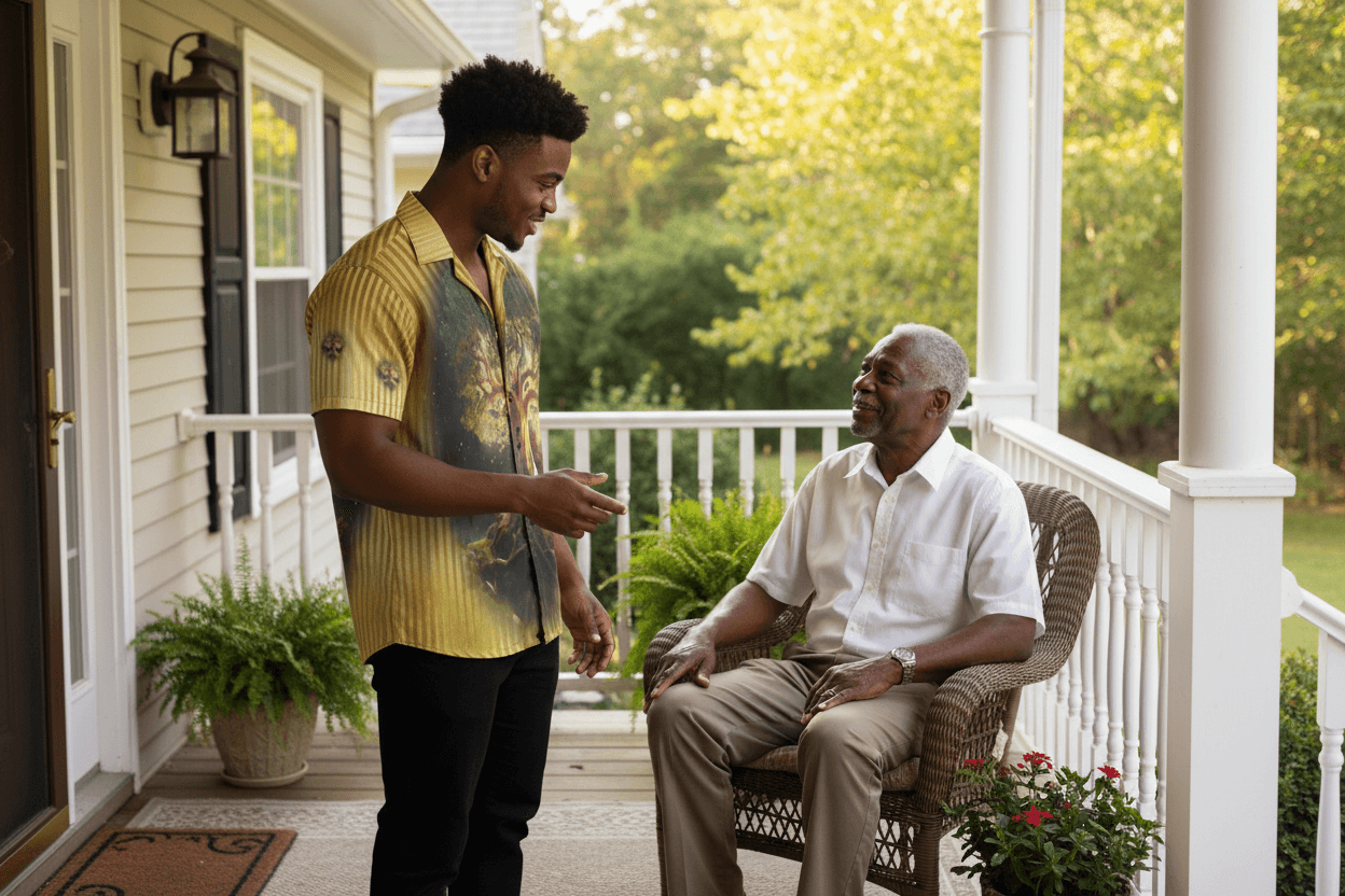 Two men on a porch, one younger and one older, engaged in conversation.