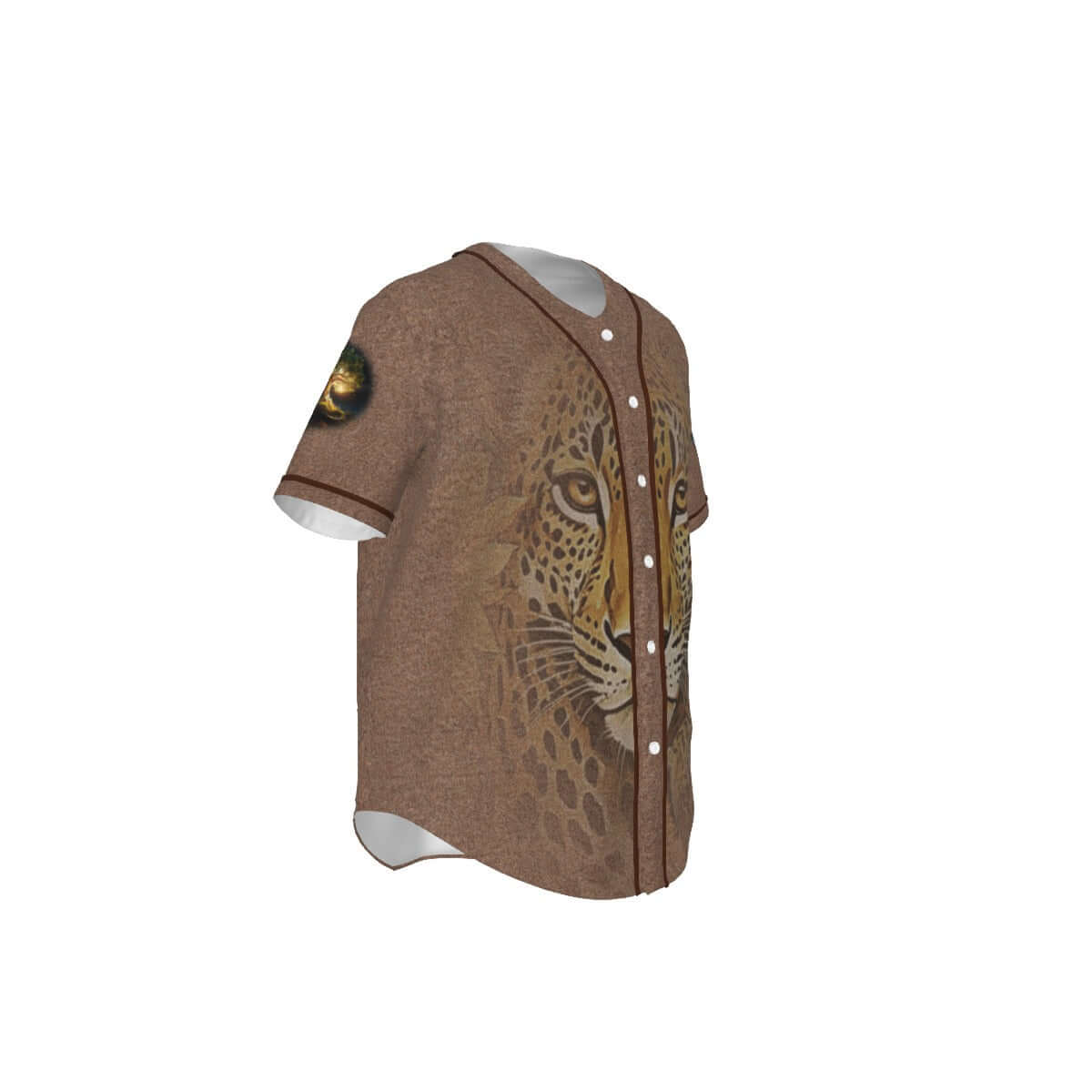 Brown baseball jersey with leopard design on a white background