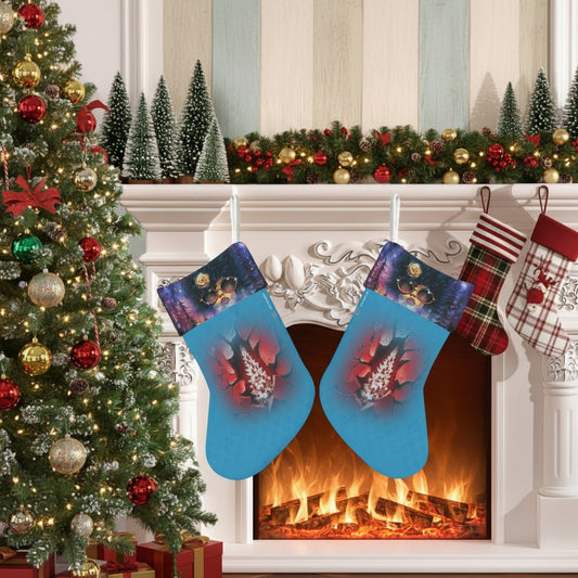 "Tree Burst" Christmas Sock, Christmas Tree, Black Woman with afro, Sunglasses on a multi-colored background