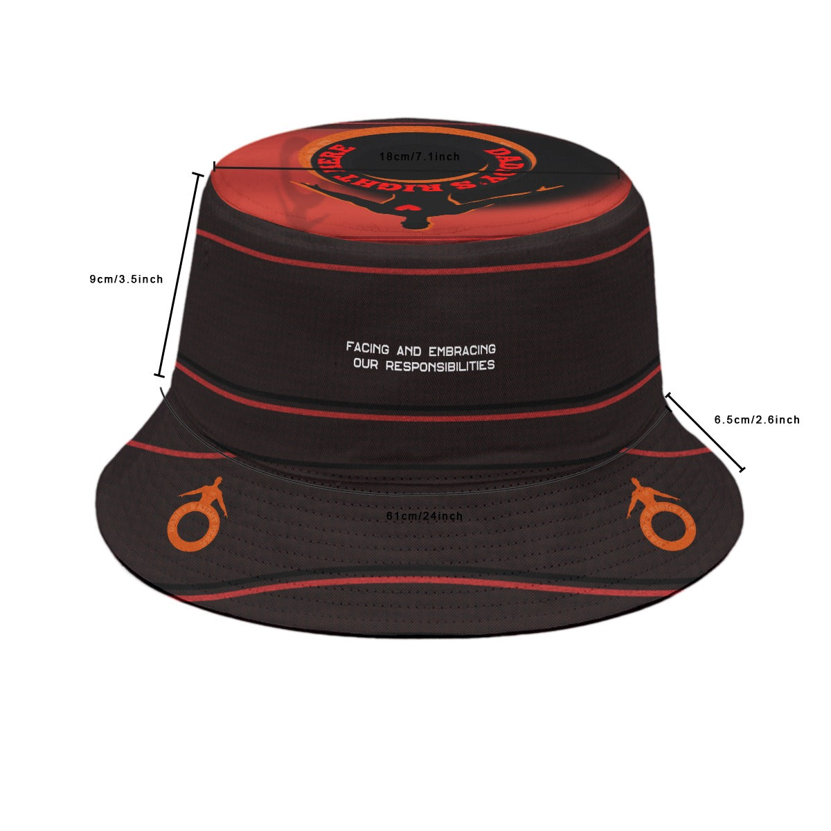 Black bucket hat with red accents and measurements on a white background