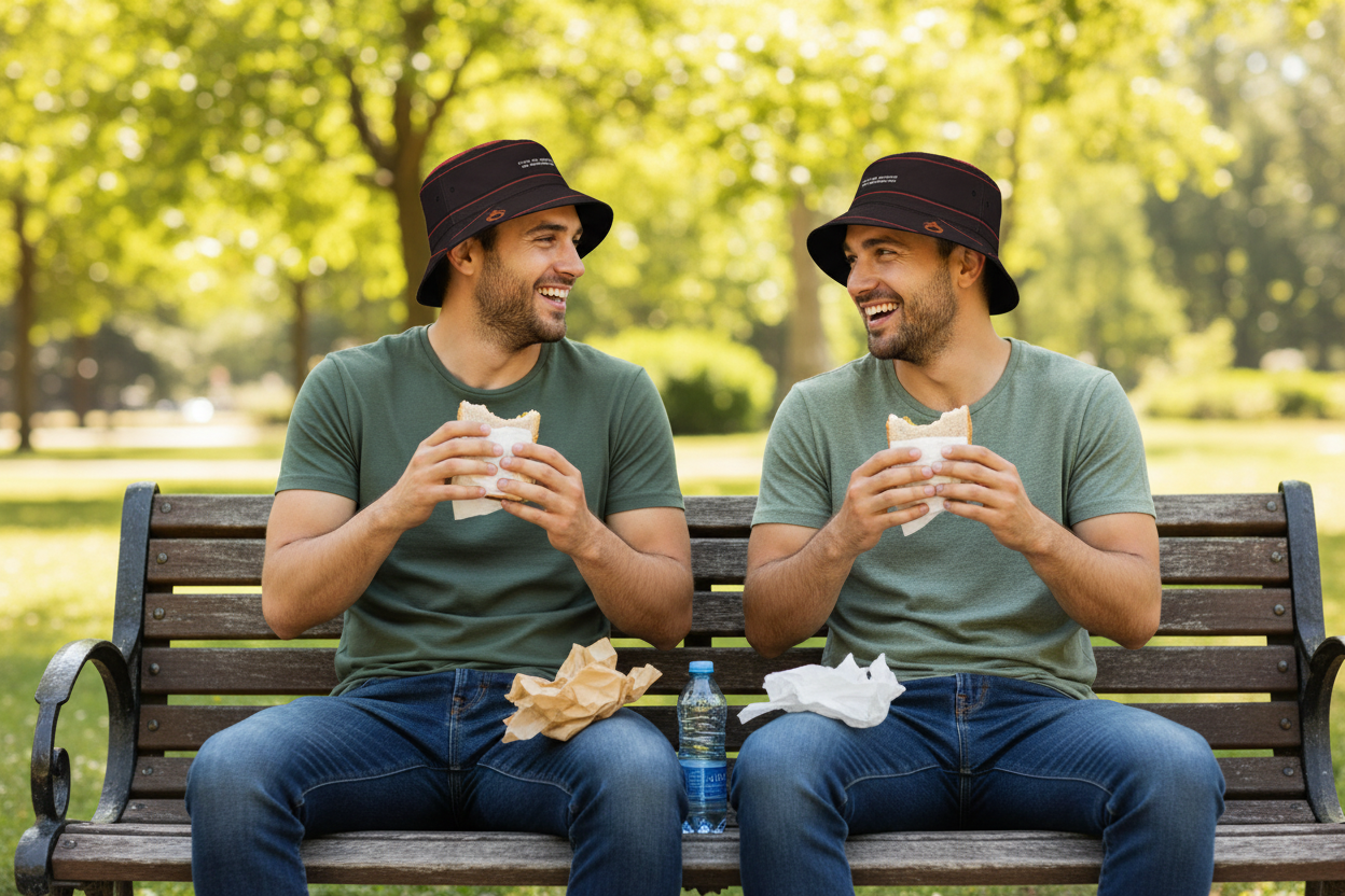 Black bucket hat with red accents and measurements on a white background
