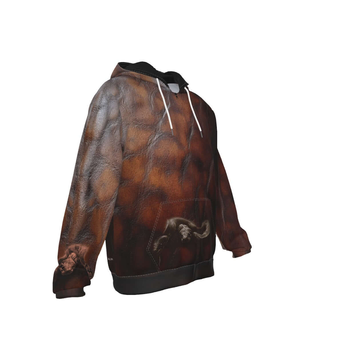 Brown Zip Up Hoodie Leather Textured Print Snake Images Print 