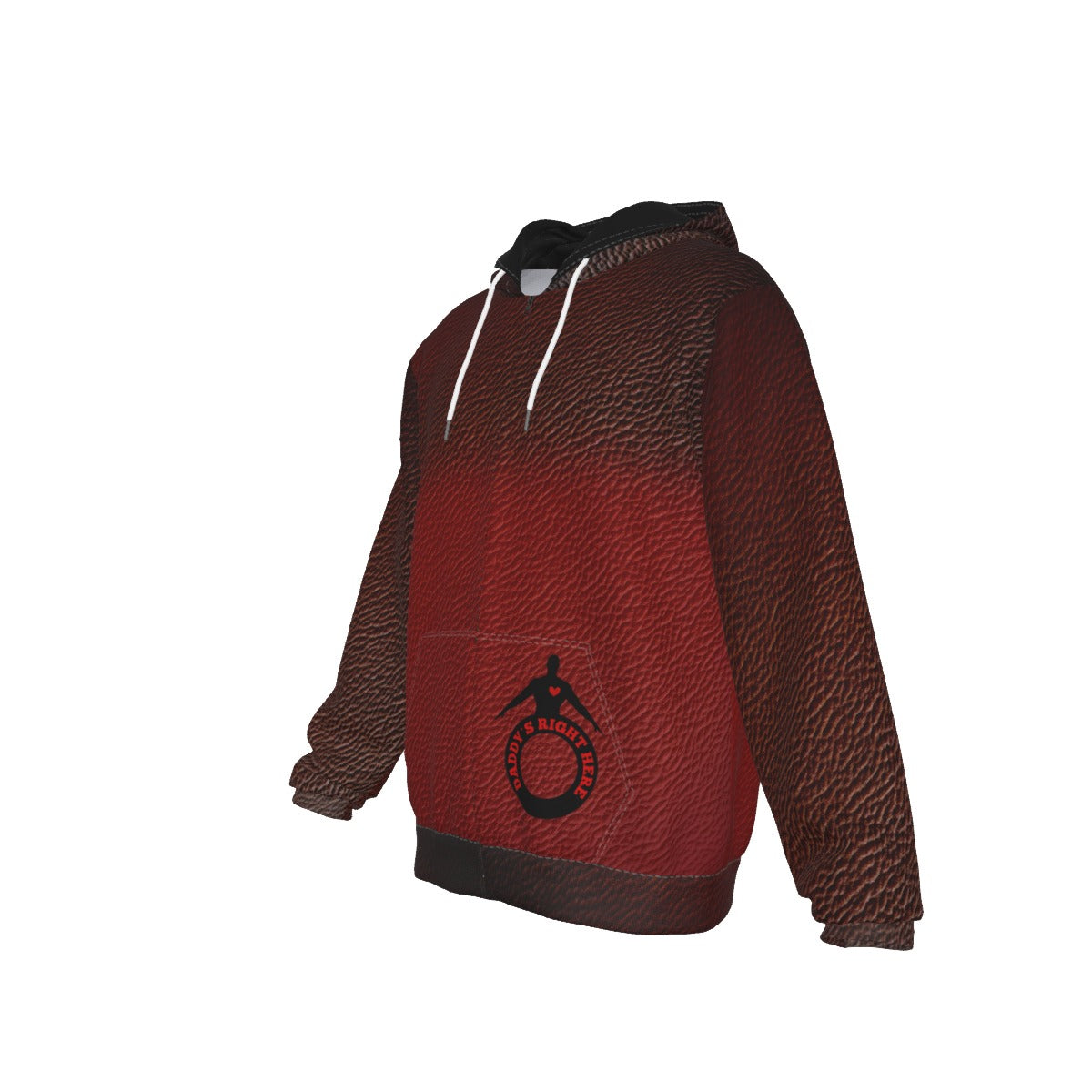 Brown and red hoodie with a logo on a white background
