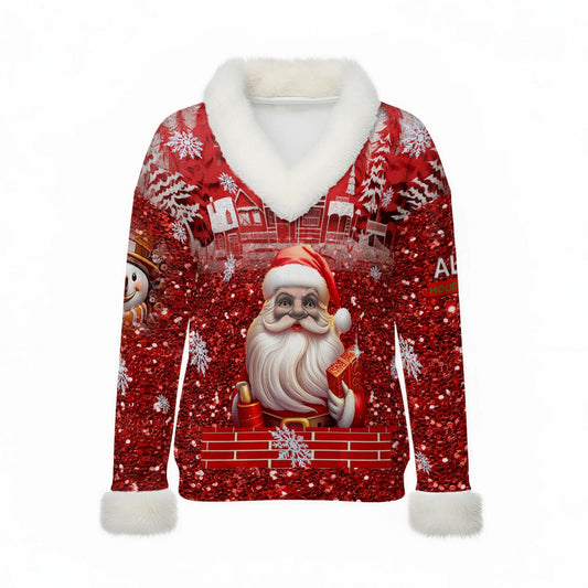 Red Christmas sweater with Santa Claus design on a white background