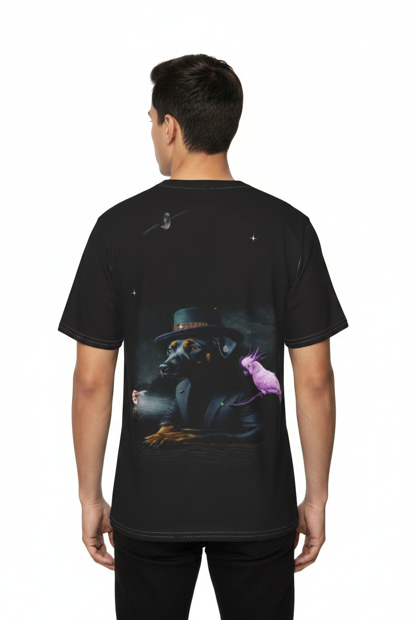 A black short-sleeve t-shirt shown from the back, featuring a detailed graphic print of a black dog wearing a top hat with 'BERRY' written on it, accompanied by a small purple creature and a small bird near the shoulders.