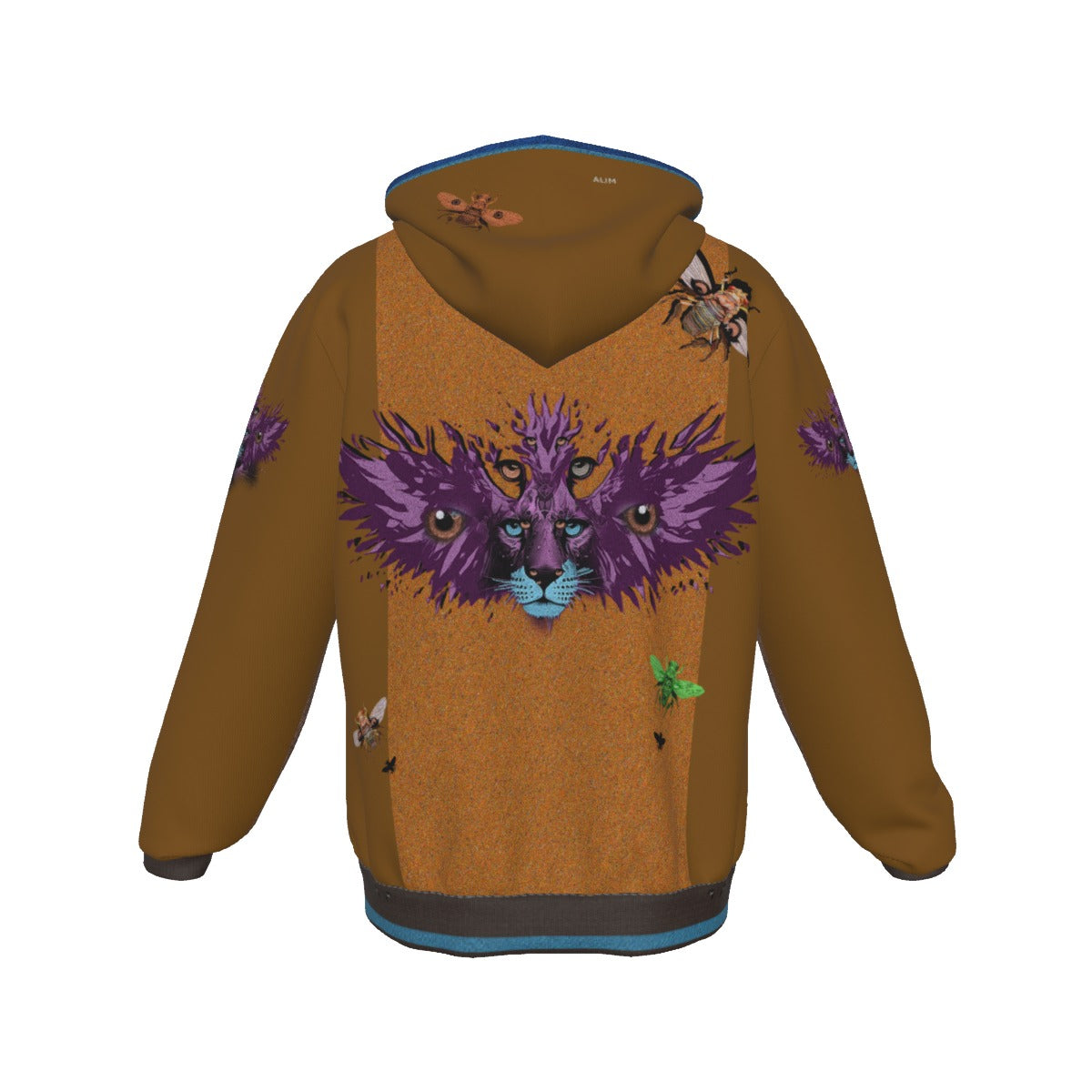 A brown hooded sweatshirt with a large purple cat face graphic on the front, decorated with small bee and butterfly illustrations, shown against a plain white background.