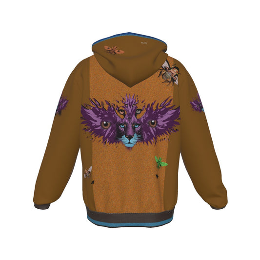 A brown hooded sweatshirt with a large purple cat face graphic on the front, decorated with small bee and butterfly illustrations, shown against a plain white background.