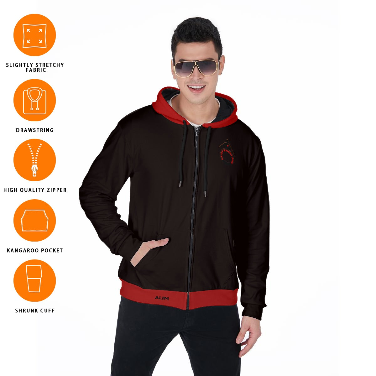 Daddy's Right Here Logo Red Hood Zip Up Hoodie With Pocket