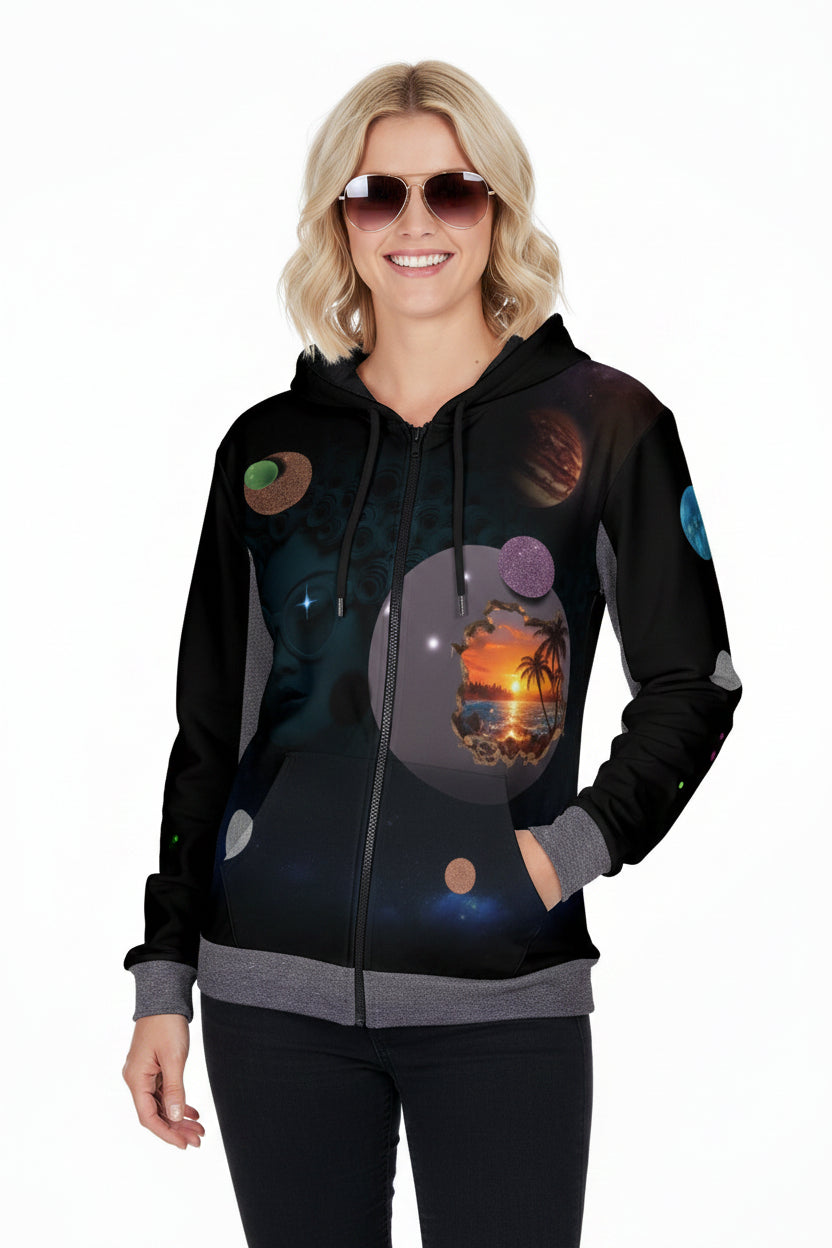 A man wearing a black zip-up hoodie with a detailed cosmic and face graphic print, styled with dark pants and sunglasses against a plain white background.