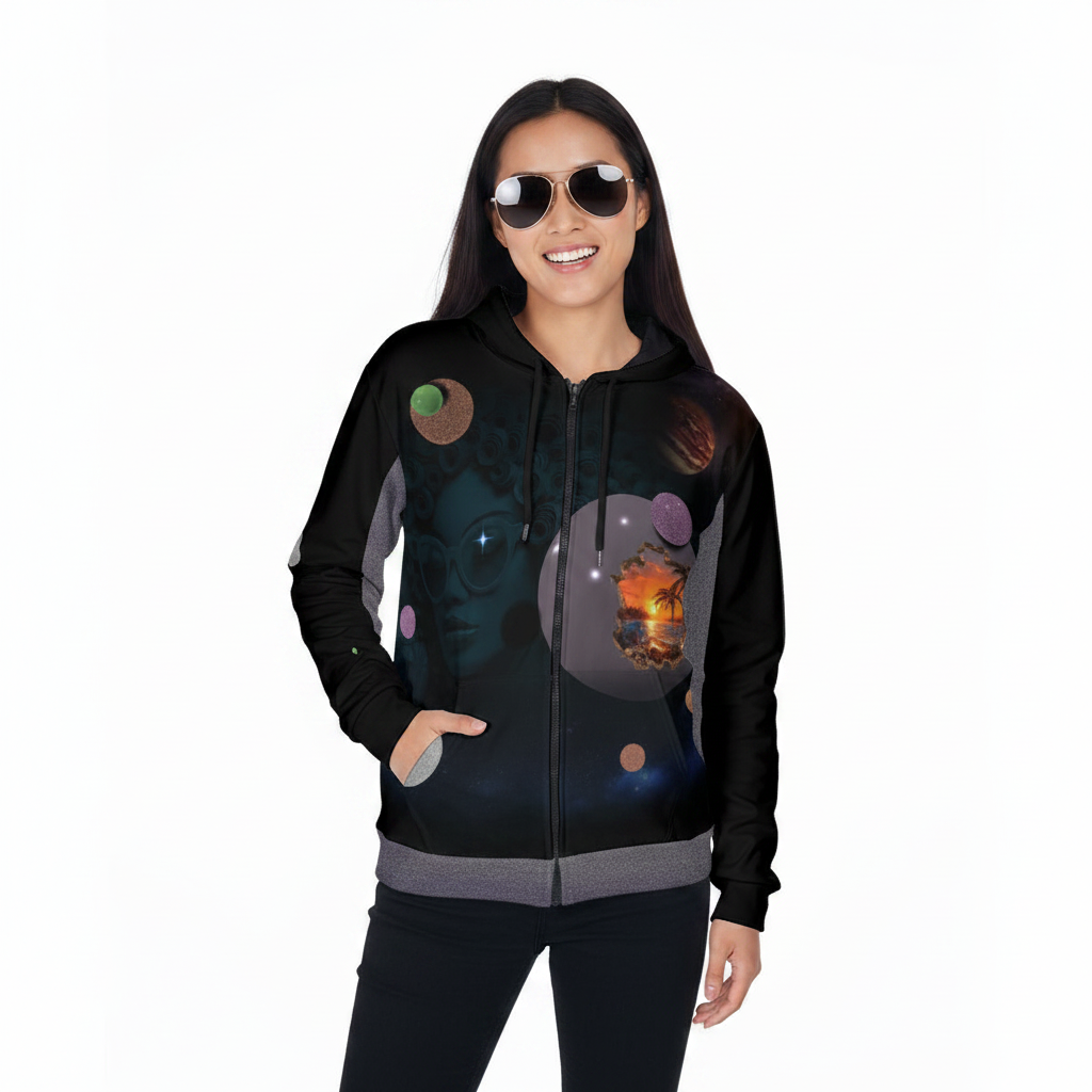 A woman modeling a black zip-up hoodie with a detailed cosmic and portrait graphic print, set against a plain white background.
