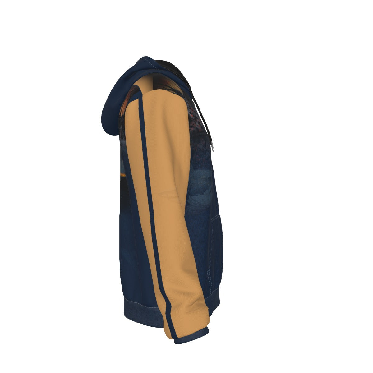 A side profile view of a hoodie featuring a navy blue and tan color-blocked design with a printed graphic on the back panel, shown against a plain white background.
