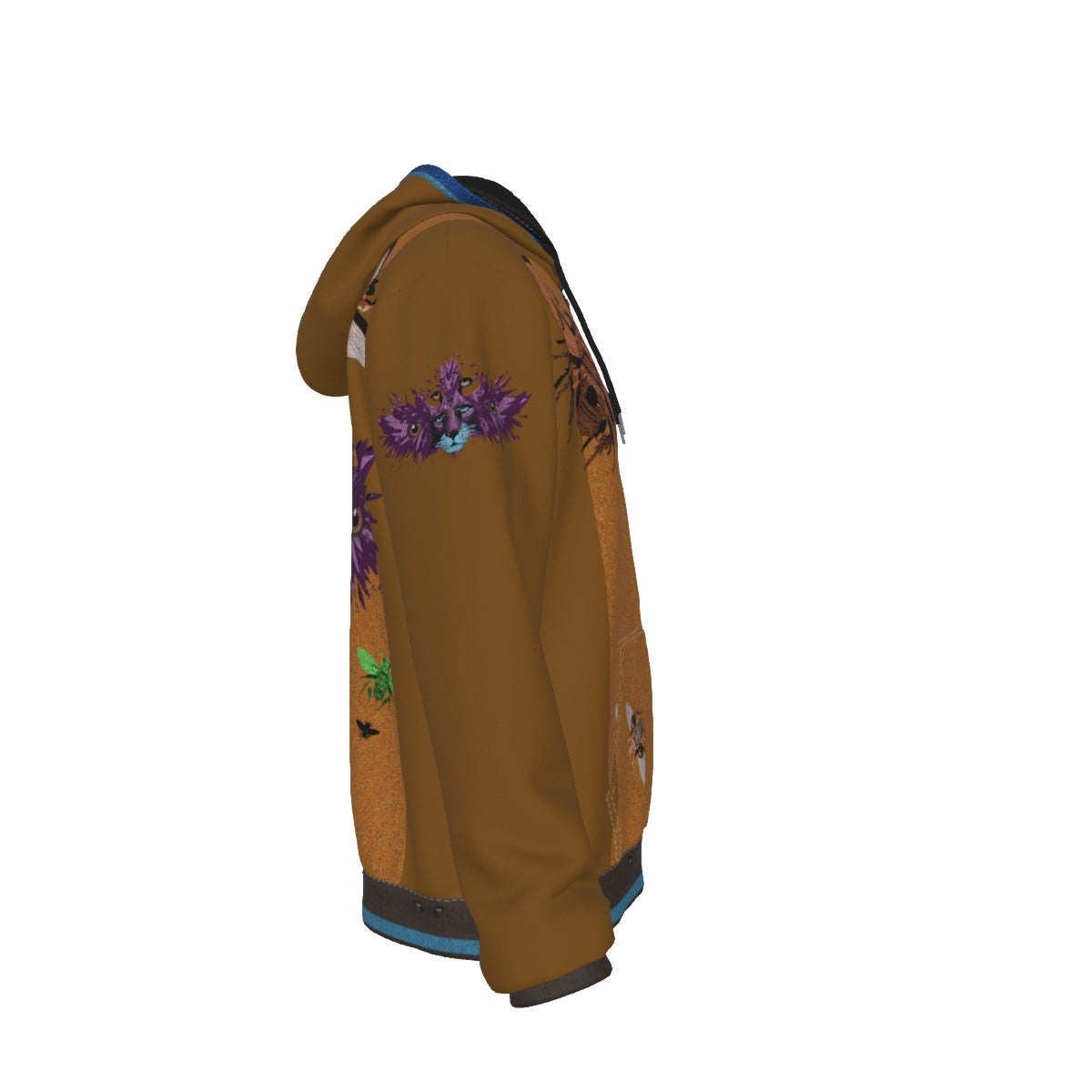 A brown hooded sweatshirt shown from the side profile on a white background, featuring a purple skull-and-flower graphic on the upper sleeve and a blue inner hood lining.