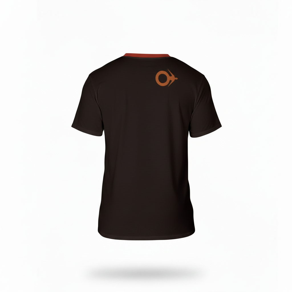 A man viewed from the back wearing a dark brown short-sleeve t-shirt with a small orange circular logo on the upper back and a thin red collar trim.