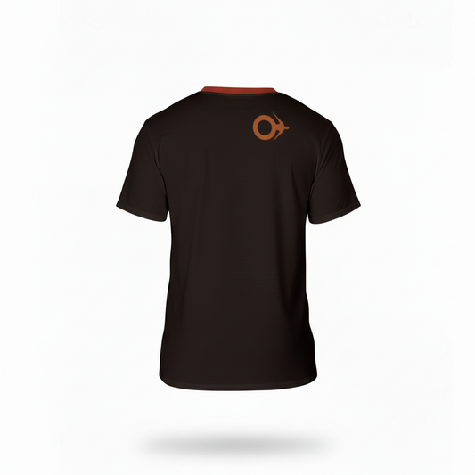 A man viewed from the back wearing a dark brown short-sleeve t-shirt with a small orange circular logo on the upper back and a thin red collar trim.