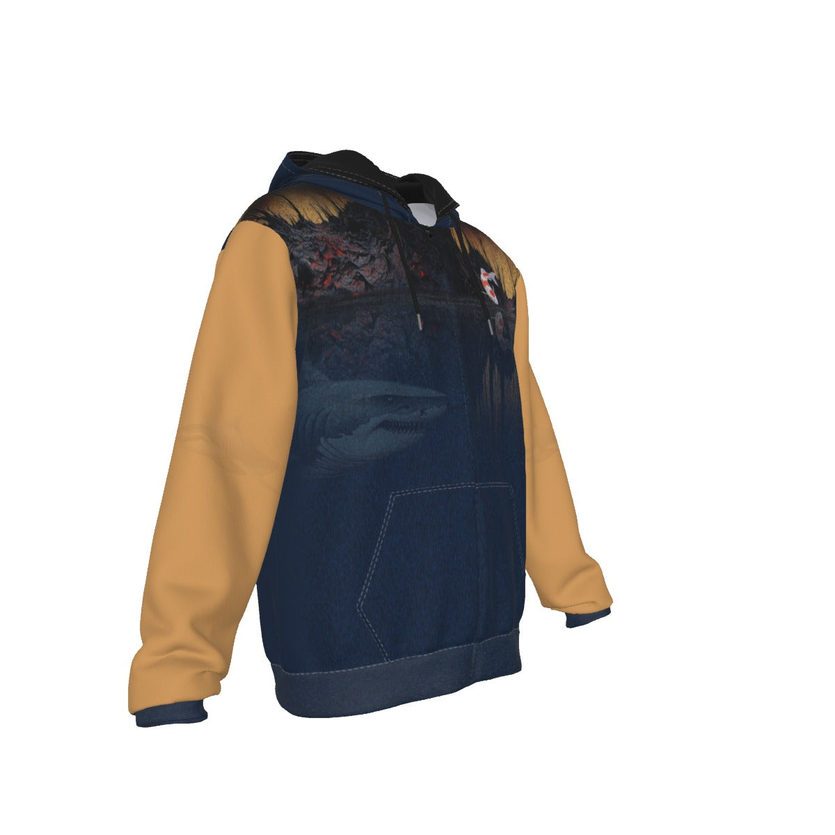 A pullover hoodie with a dark blue denim-style front body featuring shark and fish graphics, paired with solid mustard yellow sleeves and hood lining, shown on a plain white background.