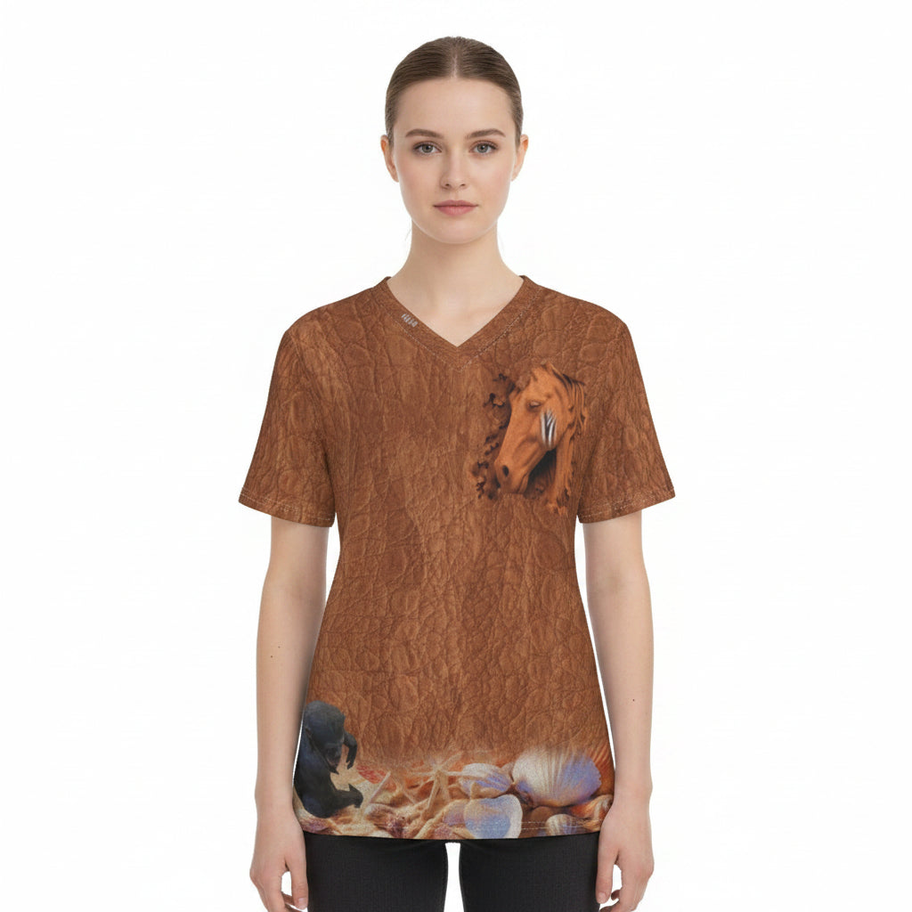 A brown short-sleeve V-neck t-shirt with a textured bark-like print, featuring a graphic of a horse's head on the left chest and a seashell pattern along the bottom hem.