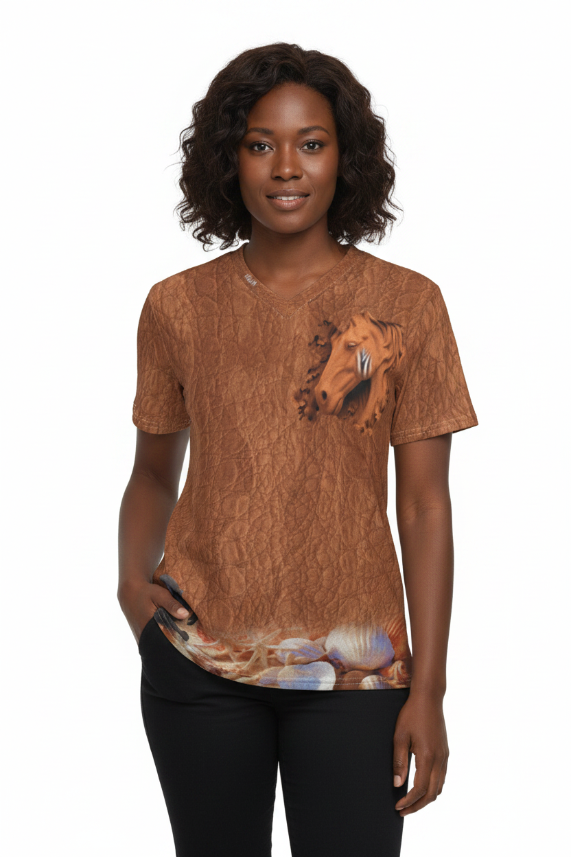 A brown short-sleeve V-neck t-shirt with a textured bark-like print, featuring a graphic of a horse's head on the left chest and a seashell pattern along the bottom hem.