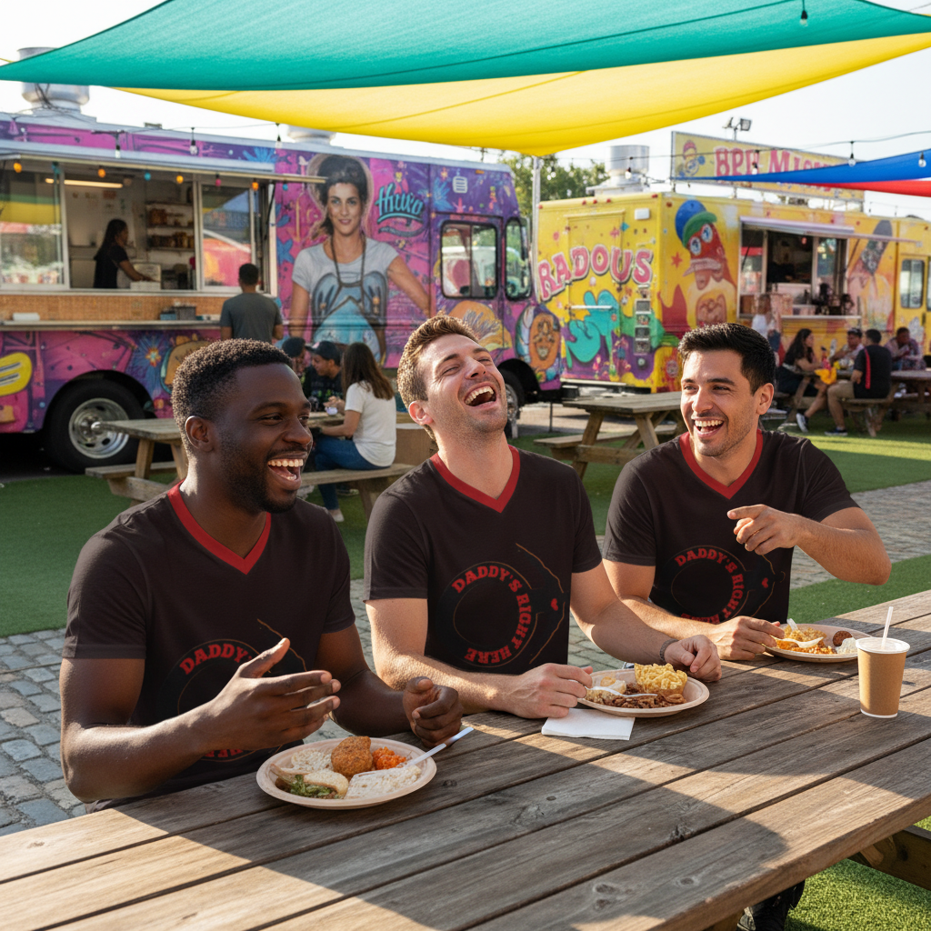 Three men laughing at a wooden picnic table outdoors, wearing matching dark brown V-neck t-shirts with red trim and a circular 'Daddy's Burger & Grill' logo. Colorful food trucks are visible in the background under a green and yellow canopy.