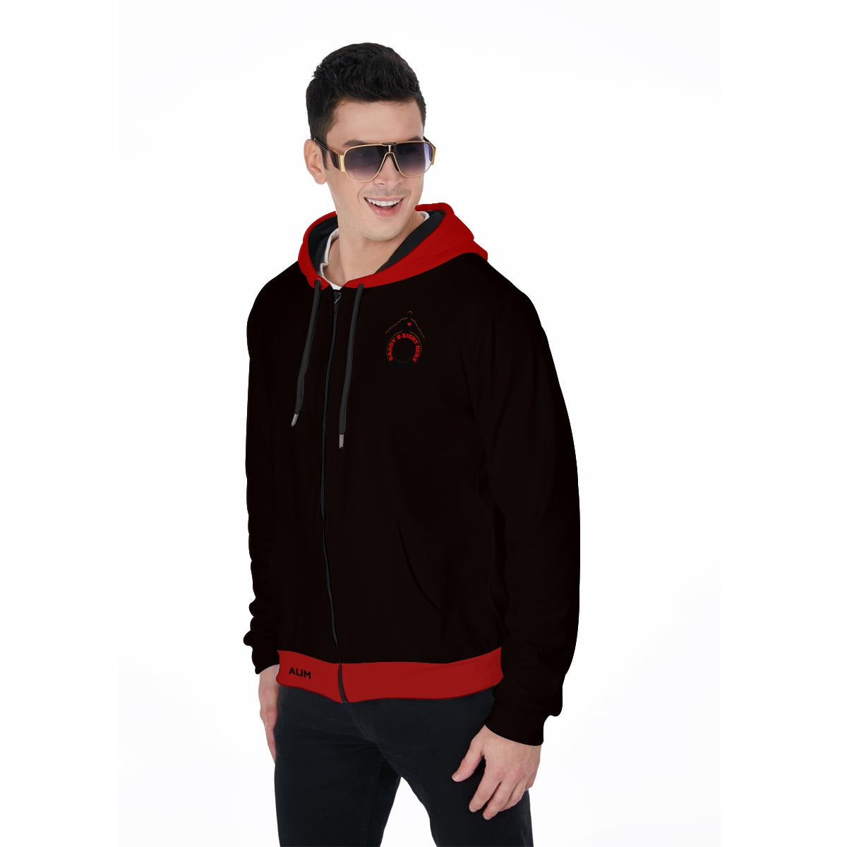 Daddy's Right Here Logo Red Hood Zip Up Hoodie With Pocket