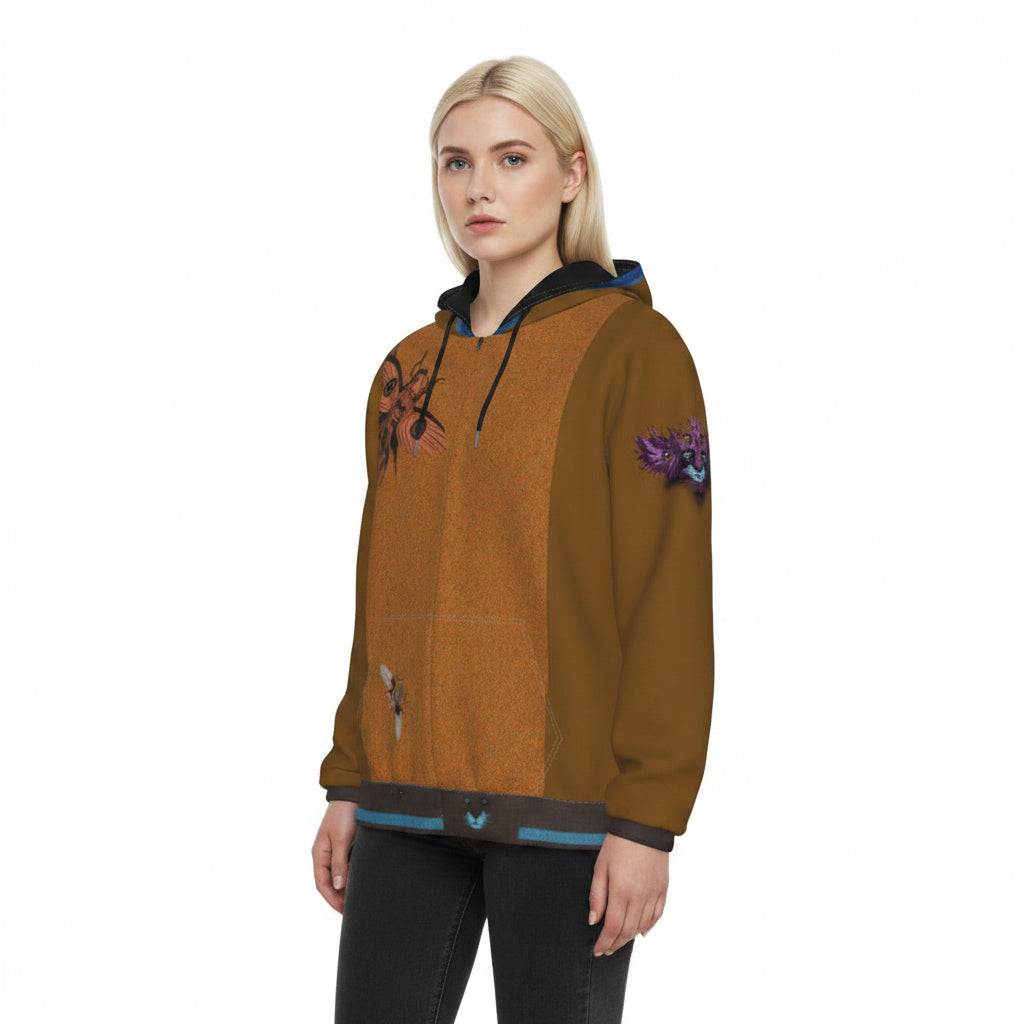 A brown and orange hooded sweatshirt with black and blue accents, featuring graphic prints on the chest and sleeve, shown against a plain white background.