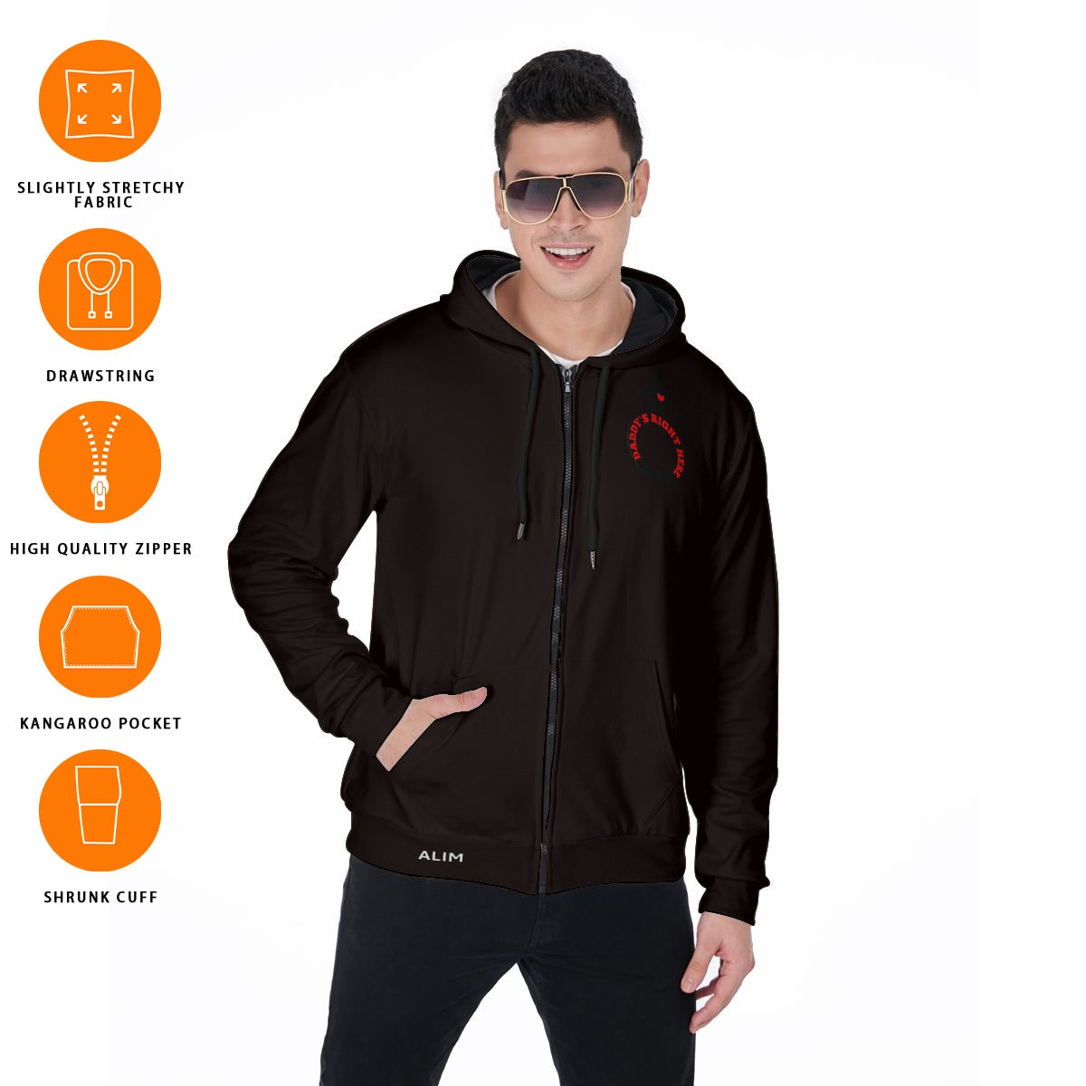 Daddy's Right Here Logo Black Shadow Zip Up Hoodie With Pocket