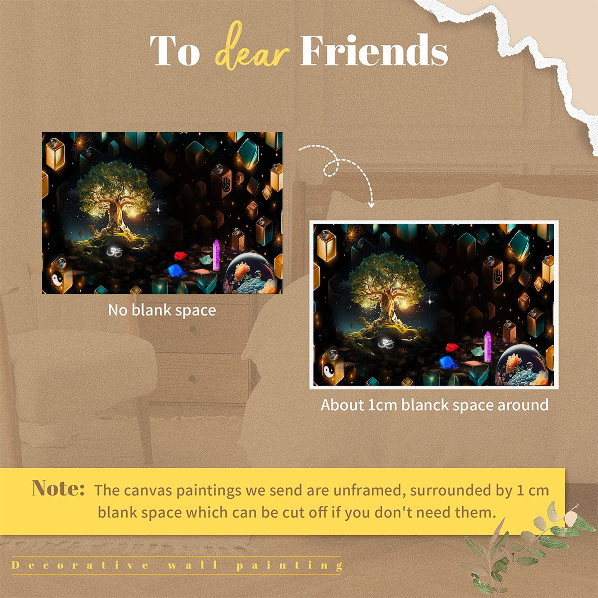 Decorative wall painting with a tree design on a brown background, featuring text about blank space around the painting.