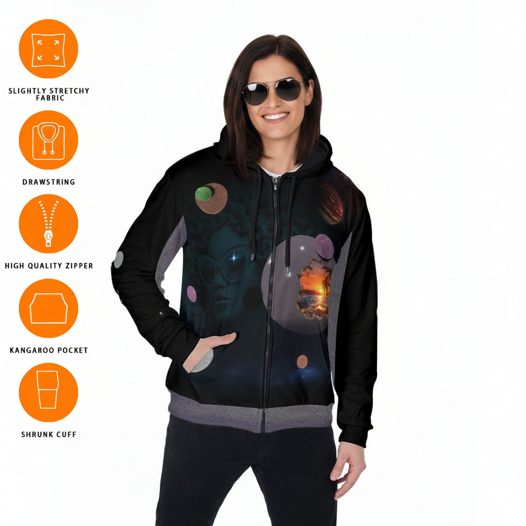 Woman wearing a multi-colored zip up hoodie with pockets
