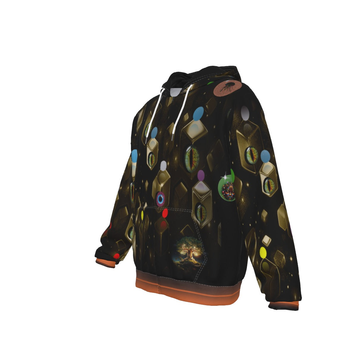 A black pullover hoodie featuring an all-over print of stylized green eyes, colorful dots, and cosmic city elements, with white drawstrings and a kangaroo pocket.