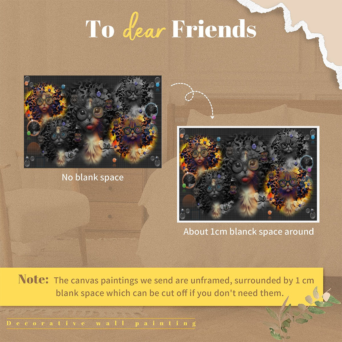 Canvas paintings with and without a 1cm blank space around on a decorative wall painting card.