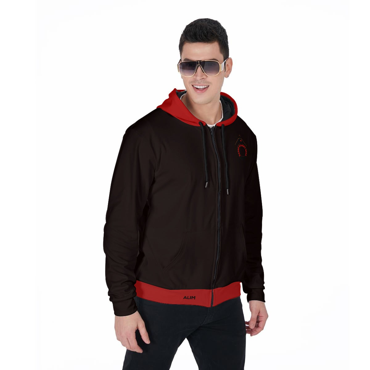 Daddy's Right Here Logo Red Hood Zip Up Hoodie With Pocket