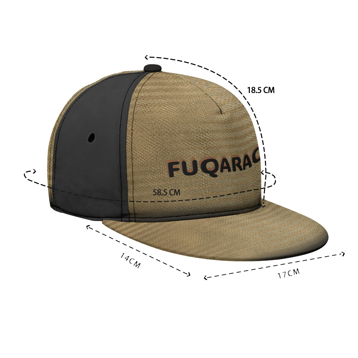 A tan and black snapback cap with 'FUQARAC' printed on the front, overlaid with dashed measurement lines and text showing dimensions of 18.5 cm height, 58.