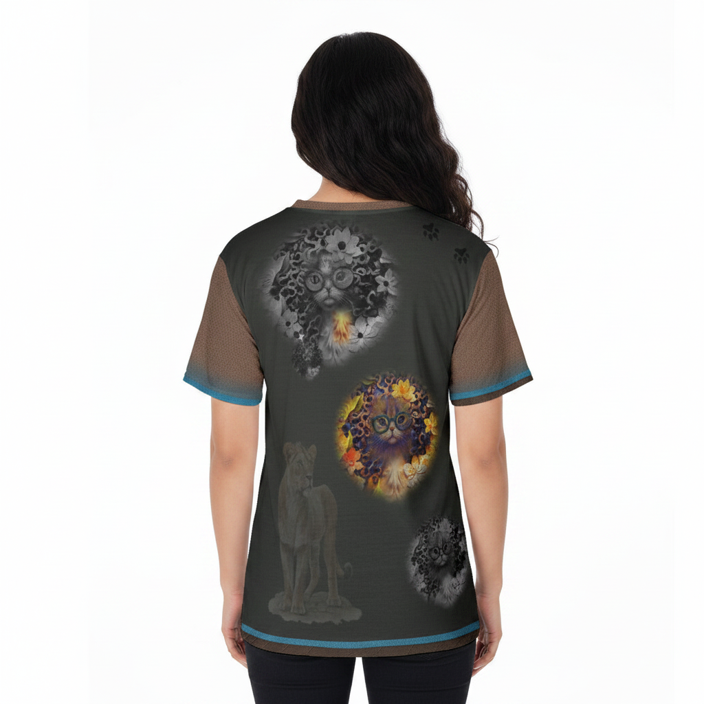 A man shown from the back wearing a dark gray t-shirt with a detailed graphic print featuring a cat, a lion, and mystical circular designs, set against a plain white background.