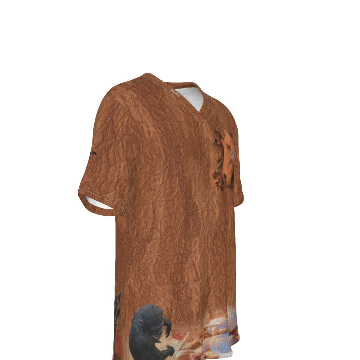 A brown short-sleeve V-neck t-shirt with a textured bark-like print and animal graphics, displayed on a white background.