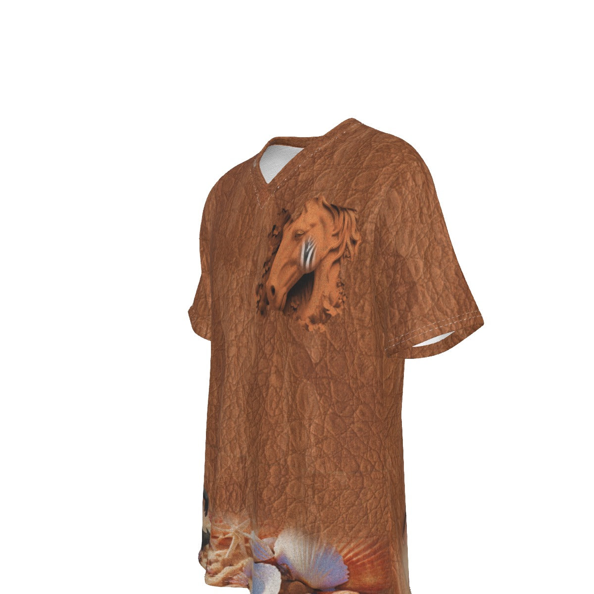 A brown short-sleeve V-neck t-shirt featuring a textured 3D-effect horse graphic on the chest and a floral print near the bottom hem, shown against a plain white background.