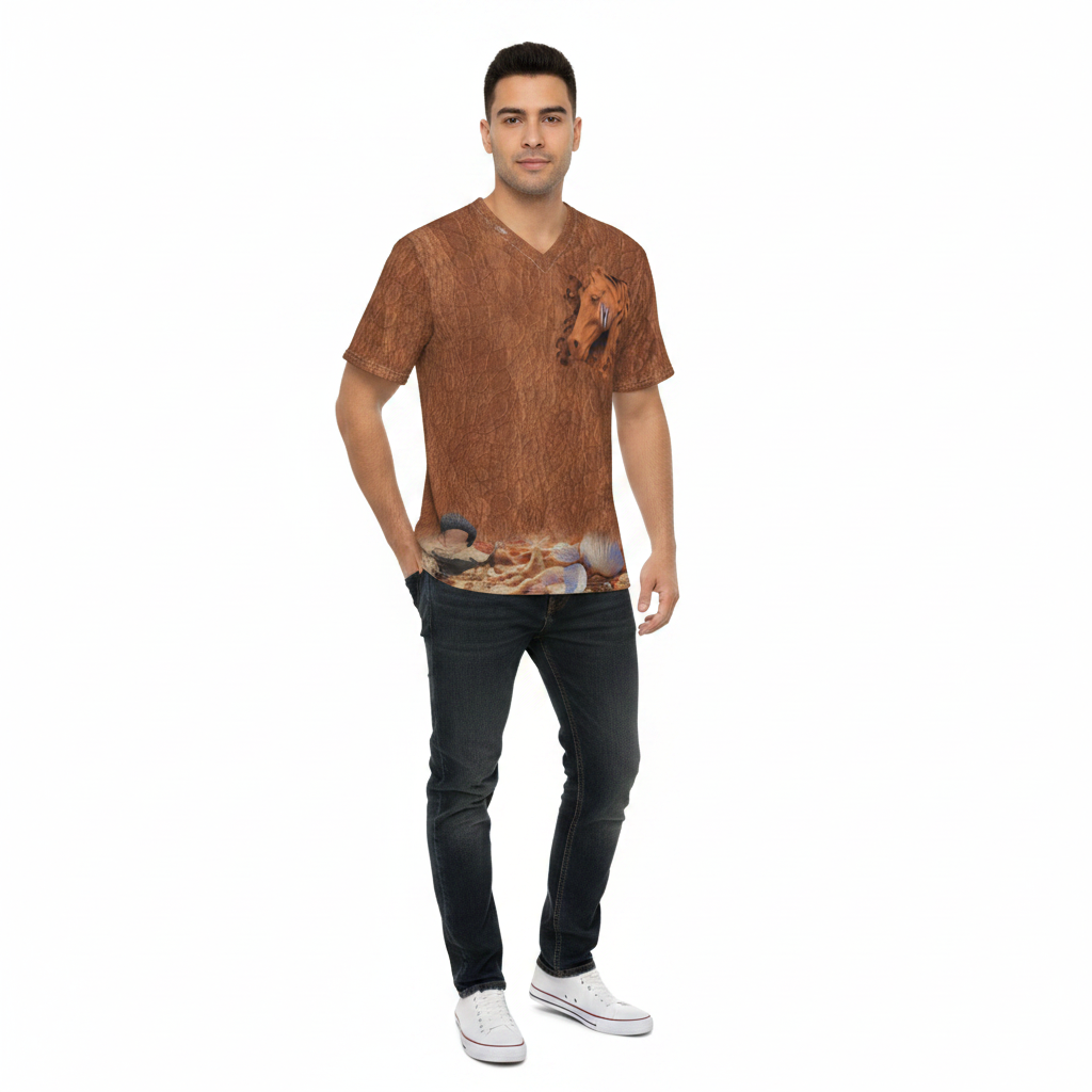A brown short-sleeve V-neck t-shirt featuring a textured 3D-effect horse graphic on the chest and a floral print near the bottom hem, shown against a plain white background.