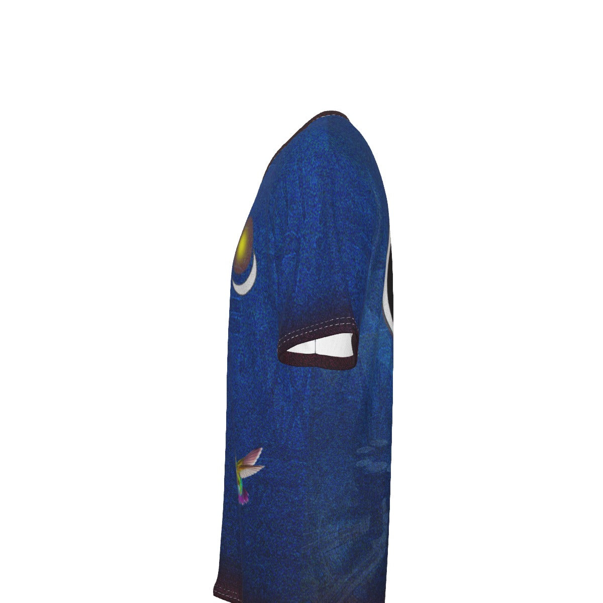 A blue balaclava face mask with a textured pattern, featuring a small colorful bird graphic on the cheek and a circular eye patch, shown against a plain white background.