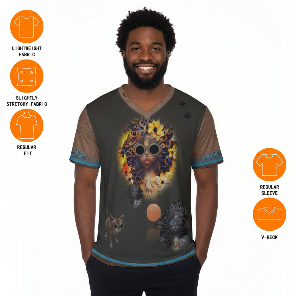 A man modeling a dark gray v-neck t-shirt with a colorful cat-themed graphic print on the front. The shirt features sheer brown sleeves with blue trim, a blue hem, and a central graphic of a cat wearing sunglasses surrounded by flowers and paw prints.