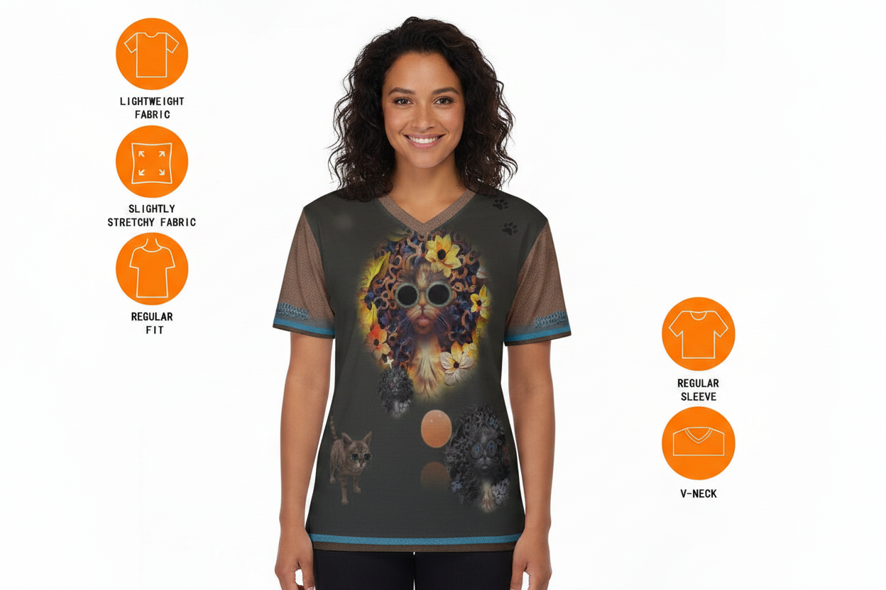 A woman modeling a dark gray v-neck t-shirt with a colorful graphic print of a woman with sunglasses and a dog. The image includes feature callout icons on both sides highlighting fabric and fit details.