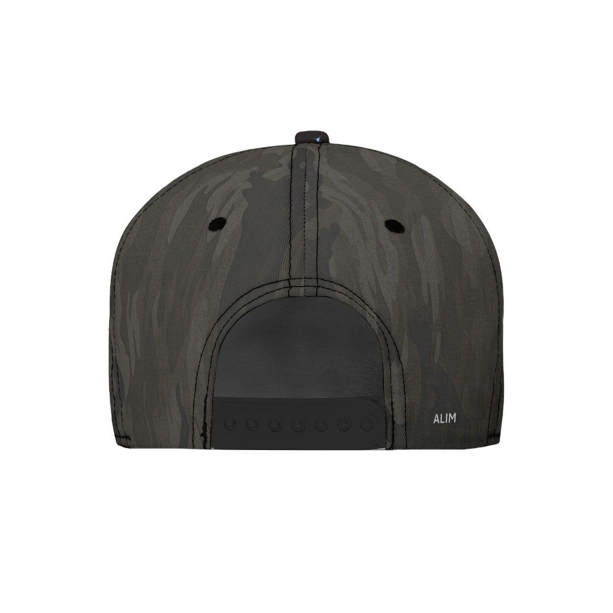 The back of a dark gray and black camouflage snapback cap, featuring a black plastic adjustment slider and a small white 'ALM' logo on the right side, set against a plain white background.