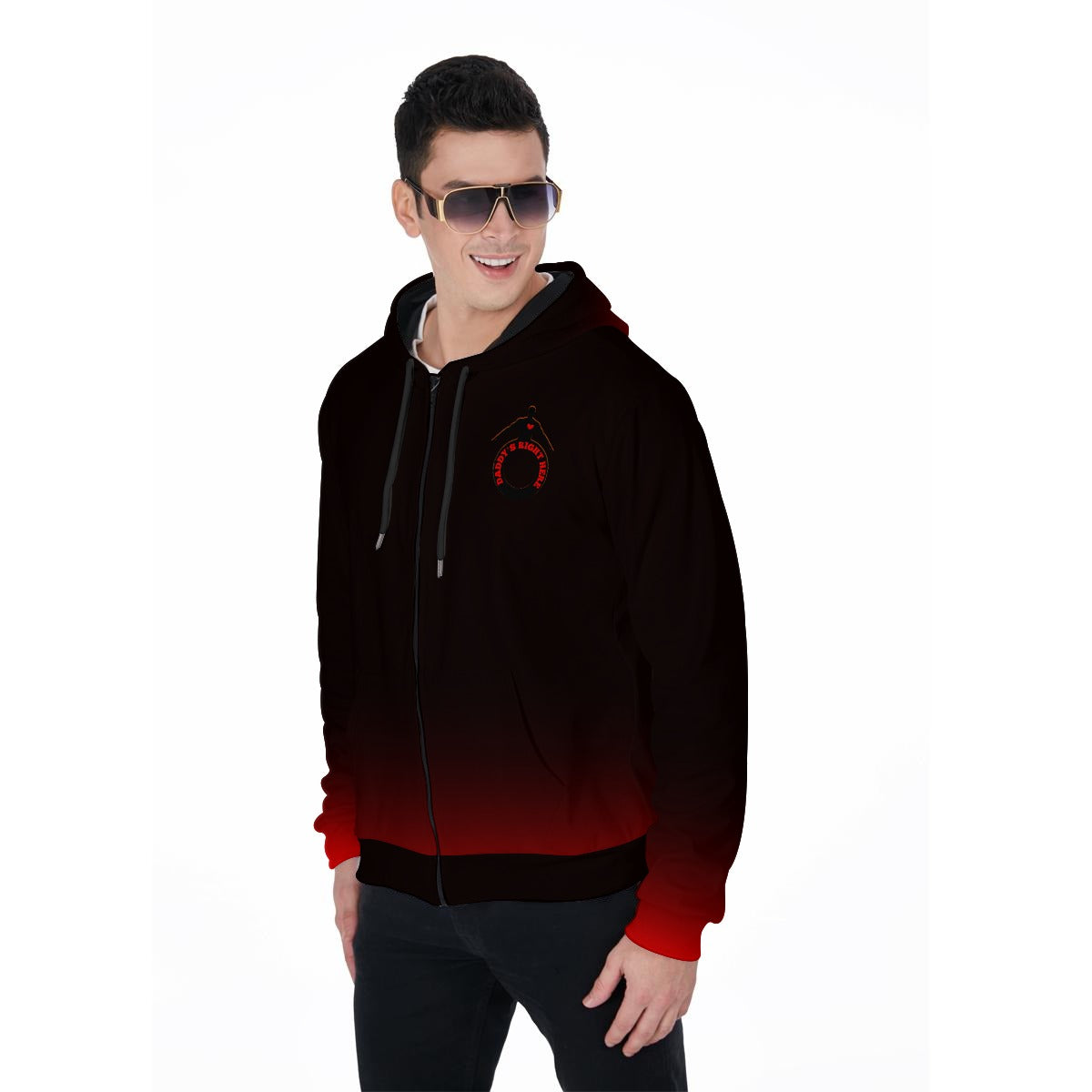 Daddy's Right Here Logo Red Cuffs Zip Up Hoodie With Pocket