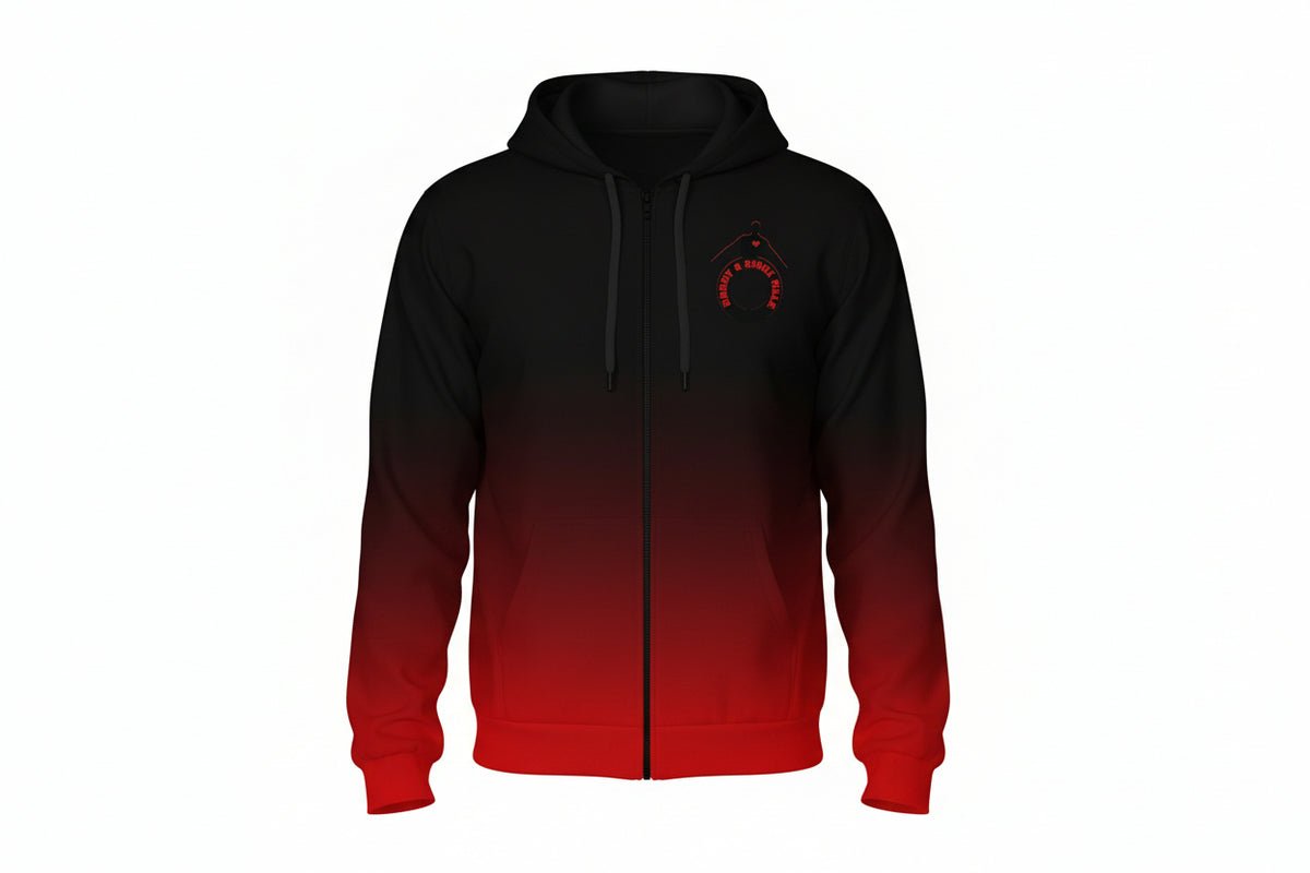A man wearing a black zip-up hoodie with a red gradient at the bottom and a small red graphic on the left chest, set against a plain white background.