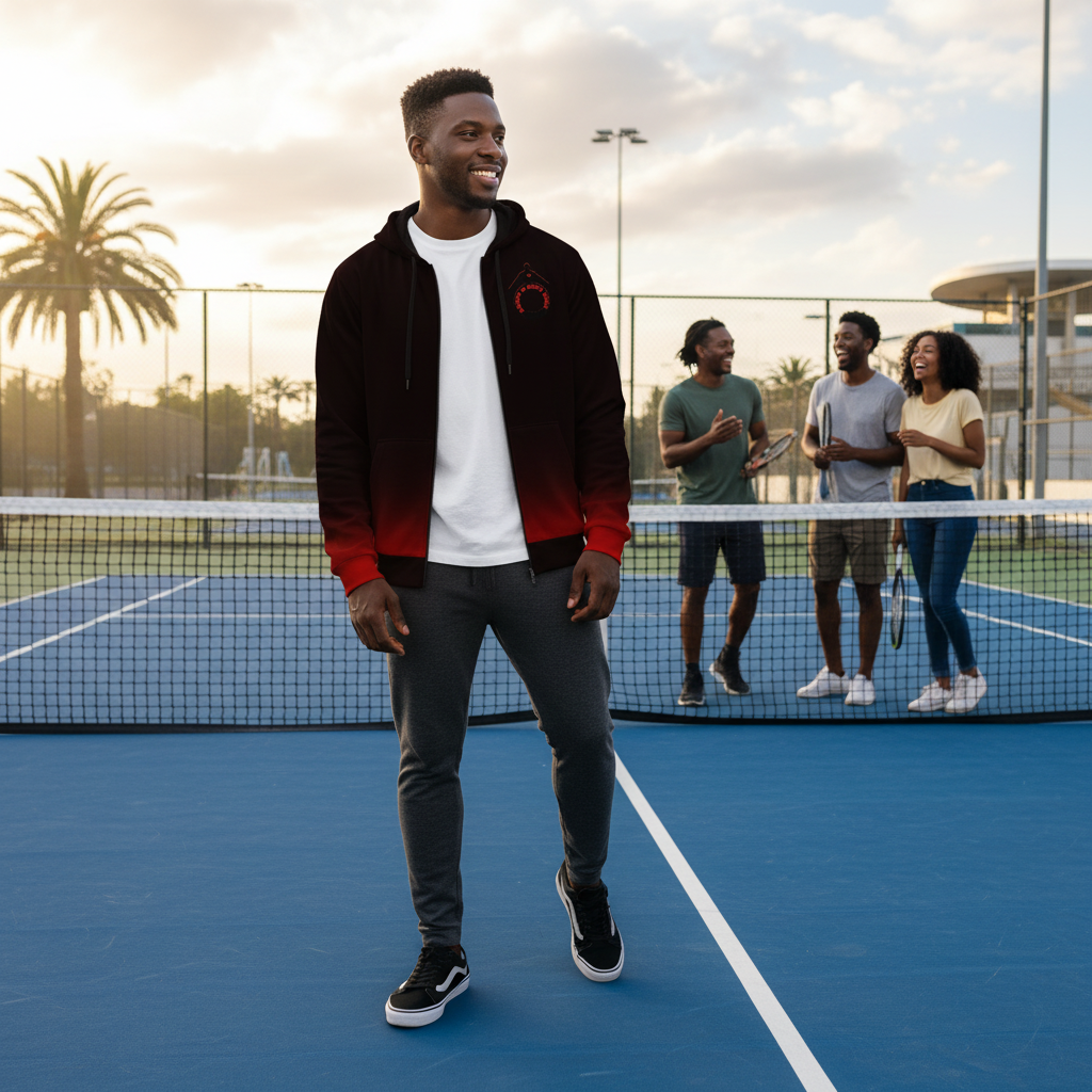 A man stands on a blue tennis court wearing a black and red gradient zip-up hoodie, a white t-shirt, gray sweatpants, and black sneakers. Three other people are visible in the background near the net.
