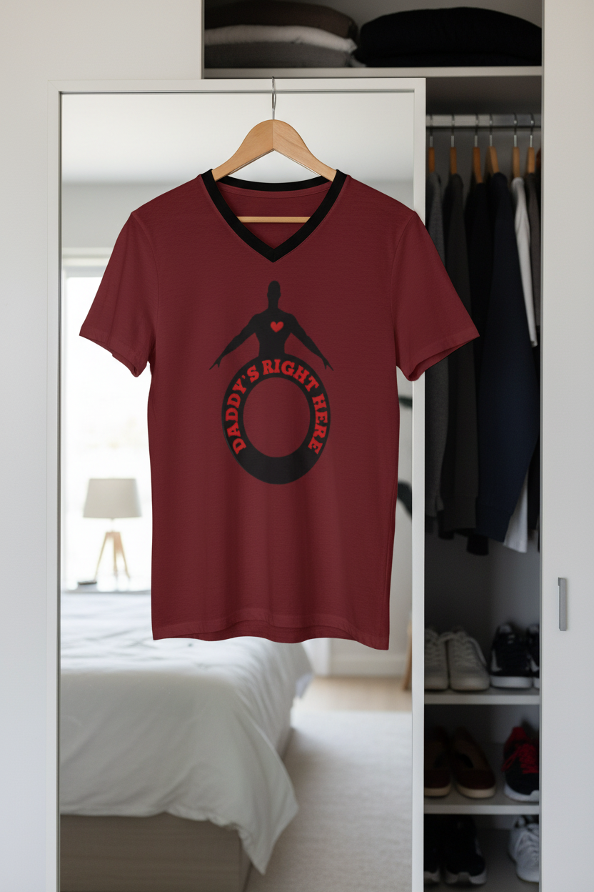 A maroon V-neck t-shirt with a black graphic of a silhouette and the words 'DADDY'S RIGHT HERE' hanging on a wooden hanger in front of a closet mirror showing a bedroom background.