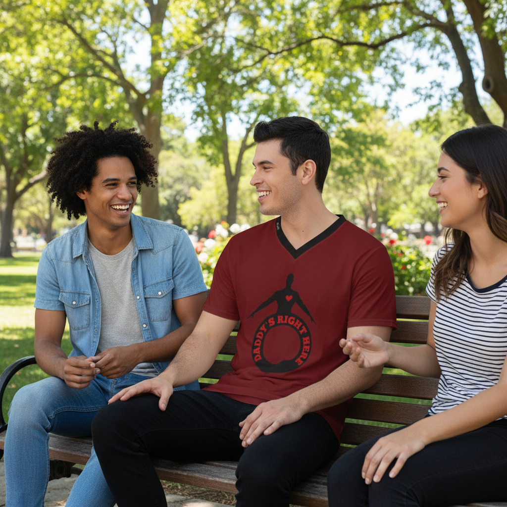 Three young adults sitting on a wooden park bench, smiling and laughing. The man in the center wears a dark red v-neck t-shirt with a black graphic of a martial artist silhouette inside a circular border and the text 'DADDY'S RIGHT WAY'.