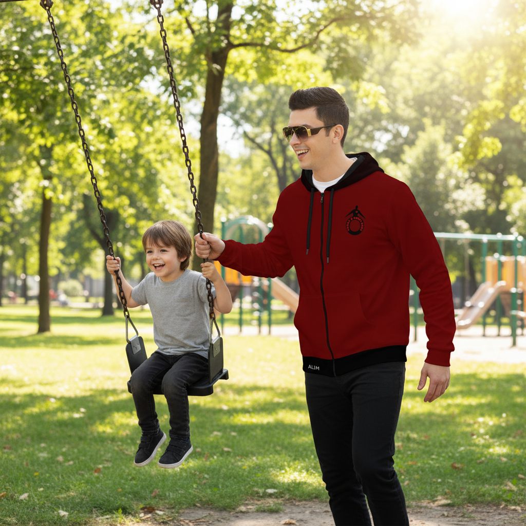 A man in a red zip-up hoodie pushes a young boy on a swing in a sunny park. The man is wearing black pants, sunglasses, and the hoodie has a small black circular logo on the left chest.